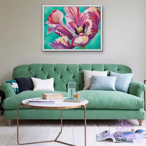 Transition- Pink Tulip on Turquoise painting