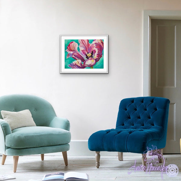 Transition- Pink Tulip on Turquoise painting