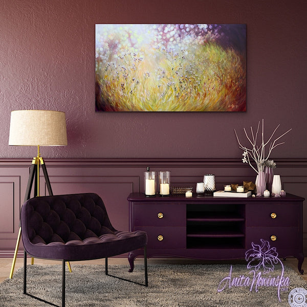 sunlit meadow painting on canvas by Anita Nowinska bokeh