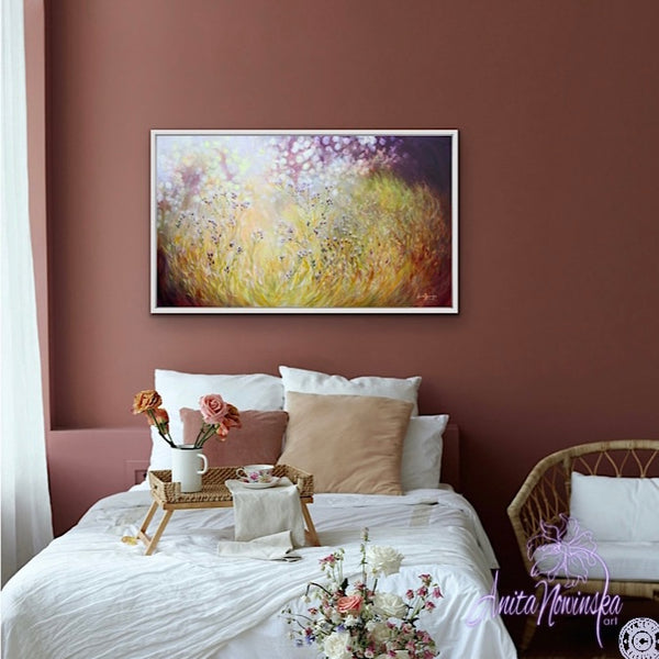 sunlit meadow painting on canvas by Anita Nowinska bokeh