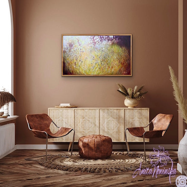 sunlit meadow painting on canvas by Anita Nowinska bokeh