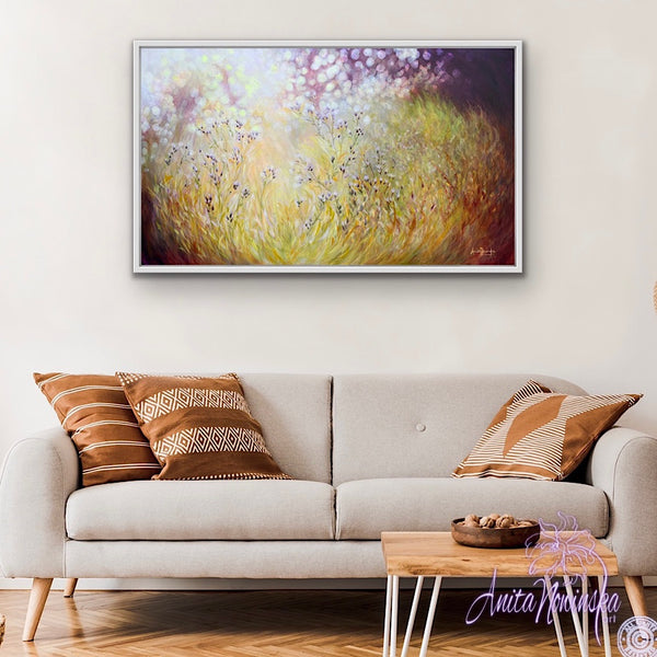 sunlit meadow painting on canvas by Anita Nowinska bokeh