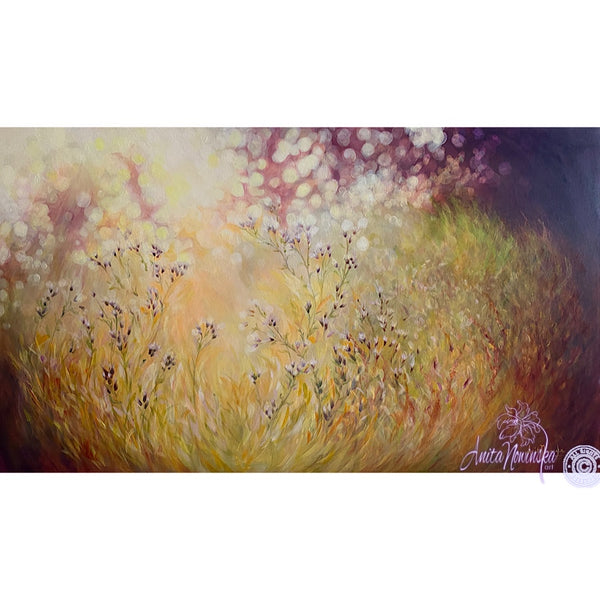 sunlit meadow painting on canvas by Anita Nowinska bokeh