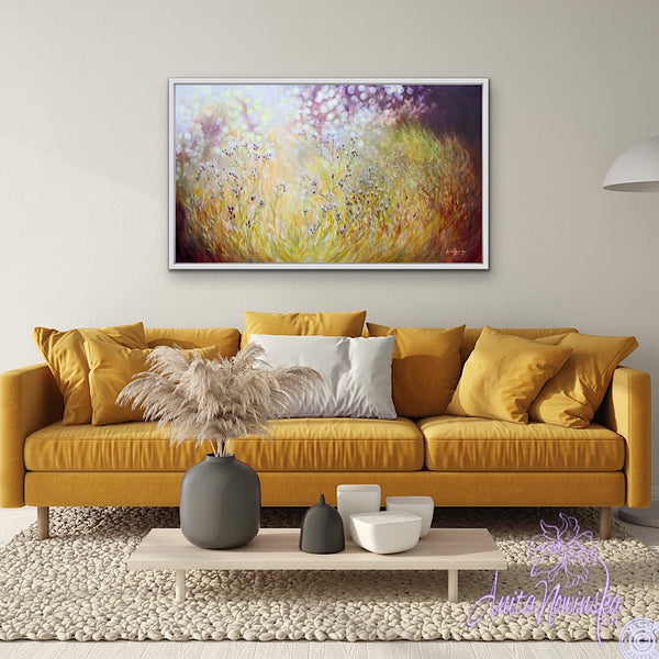 sunlit meadow painting on canvas by Anita Nowinska bokeh