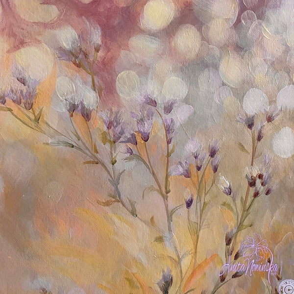 sunlit meadow painting on canvas by Anita Nowinska bokeh