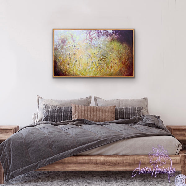 sunlit meadow painting on canvas by Anita Nowinska bokeh