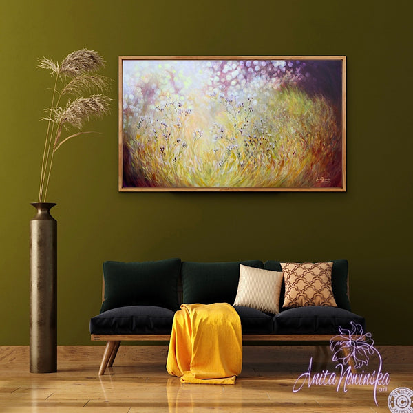 sunlit meadow painting on canvas by Anita Nowinska bokeh