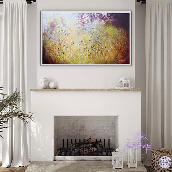 sunlit meadow painting on canvas by Anita Nowinska bokeh