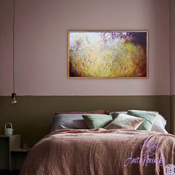 sunlit meadow painting on canvas by Anita Nowinska bokeh