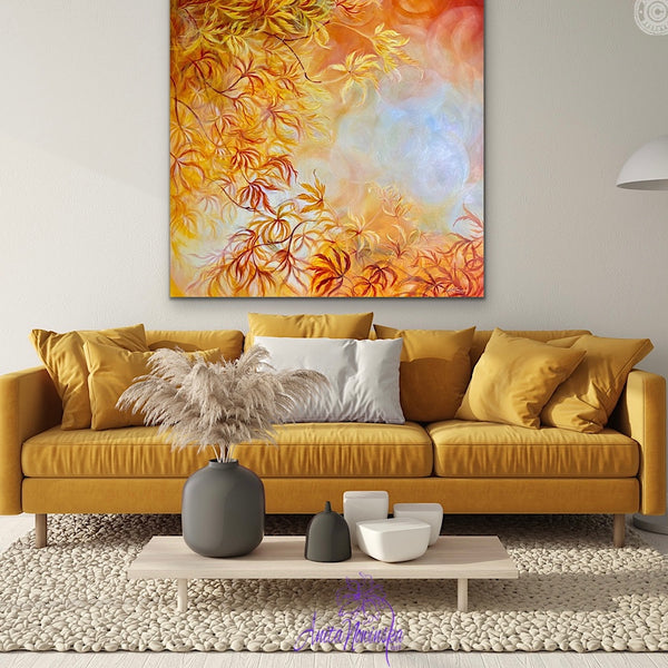 big oil on canvas of acer golden autumn leaves by anita nowinka