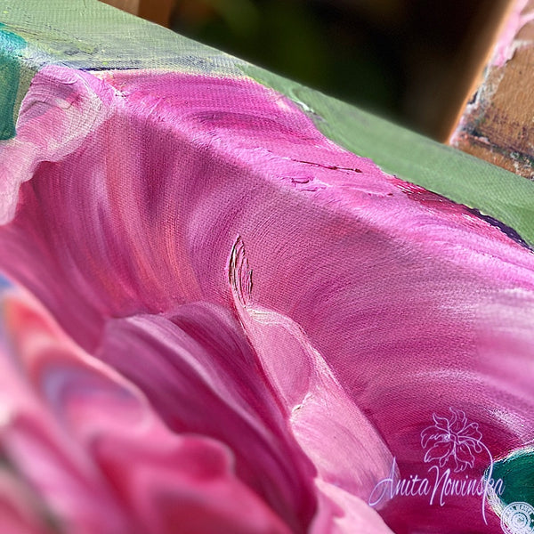 Diva- Pink cerise tulip flower painting on canvas by anita nowinska