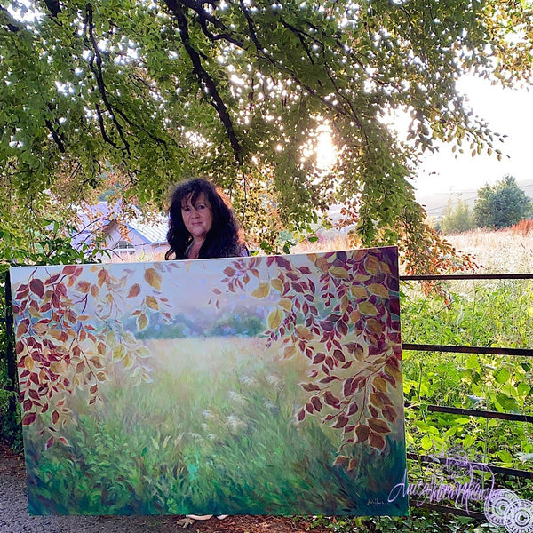 big acrylic on canvas landscape meadow painting witj gold beech leaves by anita nowinska