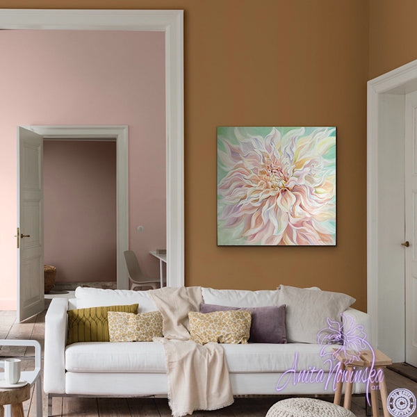 big pale pink, peach & green cafe au lait dahlia flower painting by anita nowinska