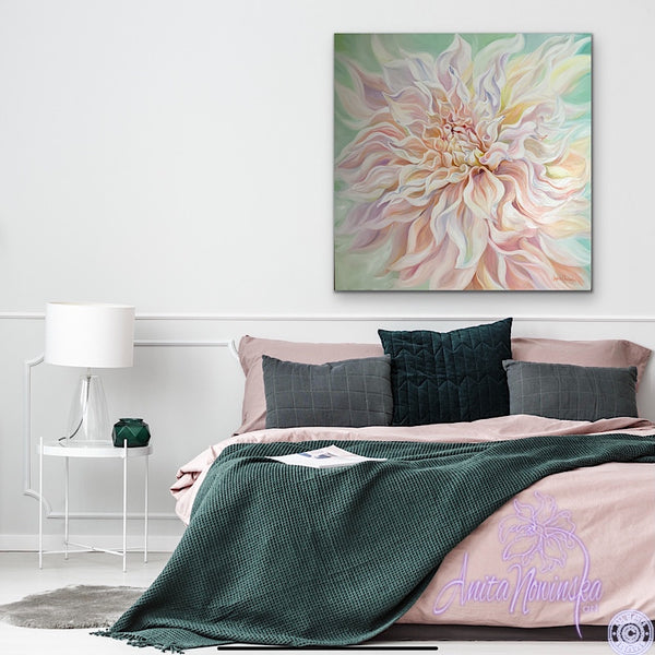big pale pink, peach & green cafe au lait dahlia flower painting by anita nowinska