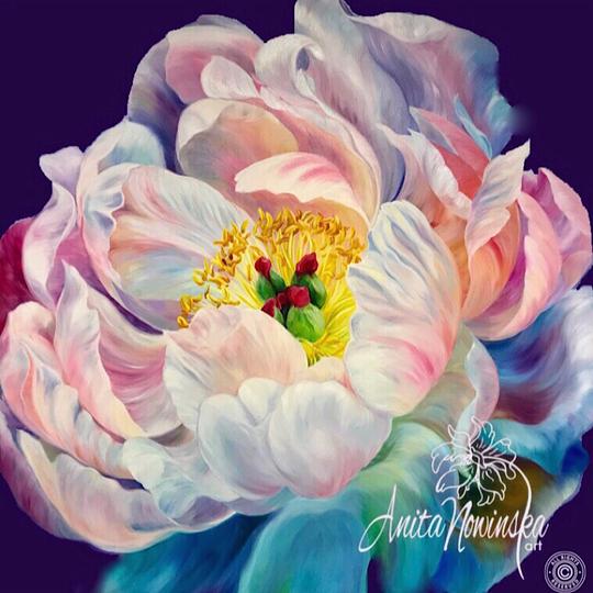 big oil on canvas flower painting of peony by Anita Nowinska