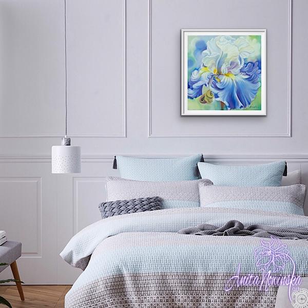 big flower painting of pale blue iris by Anita Nowinska