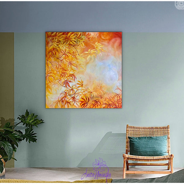 big oil on canvas of acer golden autumn leaves by anita nowinka 2022 colour trends