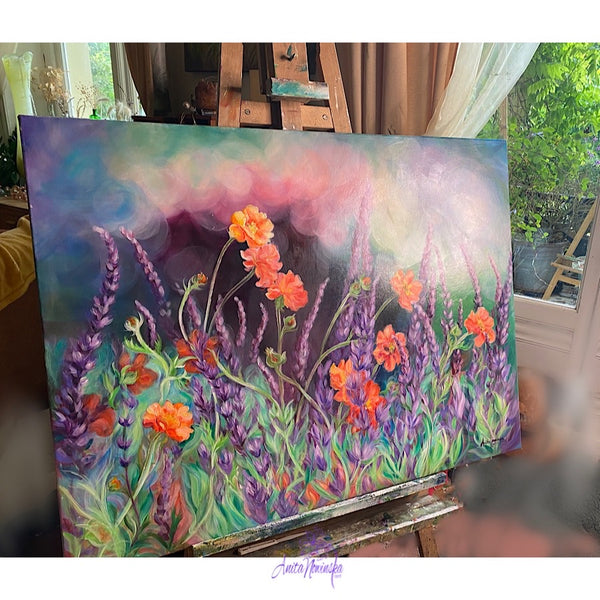 big flower garden painting of orange geums & purple Salvias by Anita Nowinska