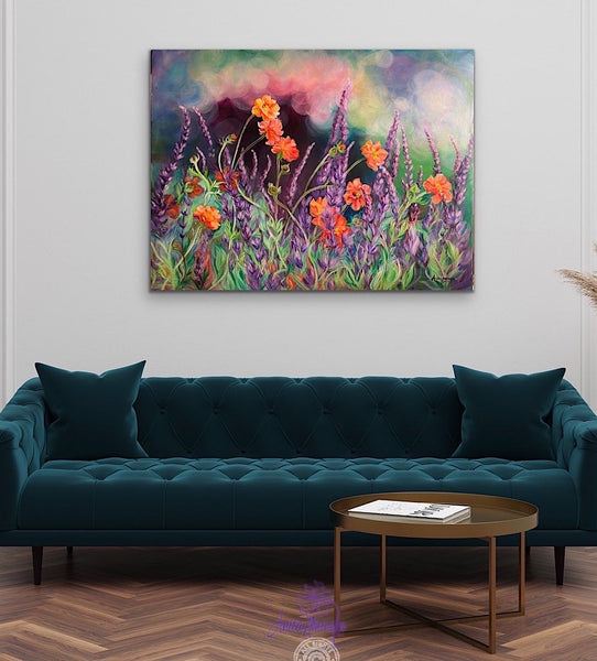 big flower garden painting of orange geums & purple Salvias by Anita Nowinska