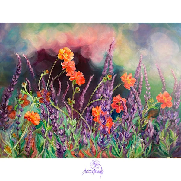 big flower garden paintung of orange geums & purple Salvias by Anita Nowinska