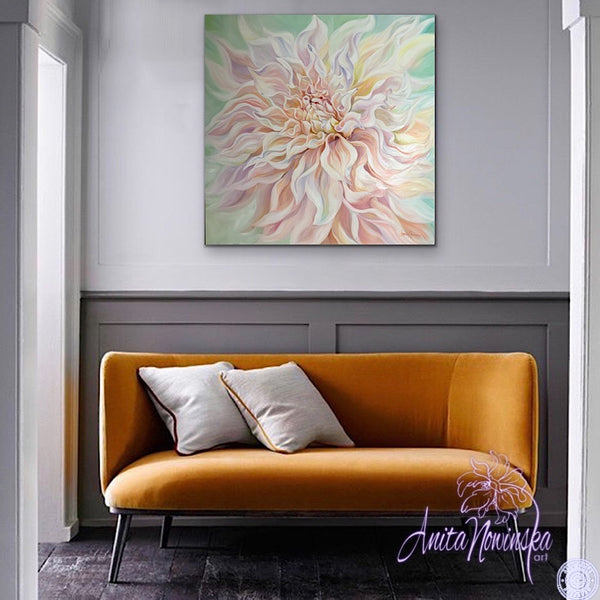 big pale pink, peach & green cafe au lait dahlia flower painting by anita nowinska