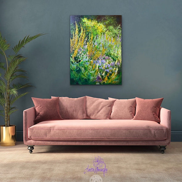 big flower painting  green & yellow garden border by anita nowinska