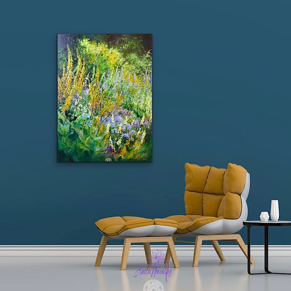 big flower painting  green & yellow garden border by anita nowinska