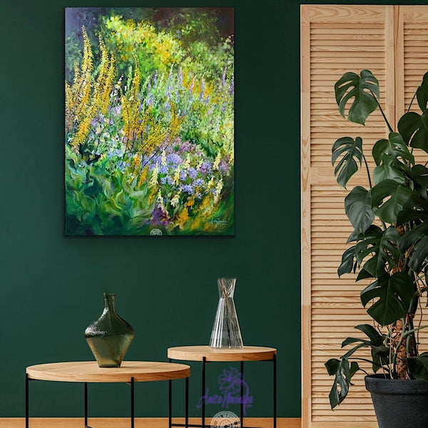 big flower painting  green & yellow garden border by anita nowinska