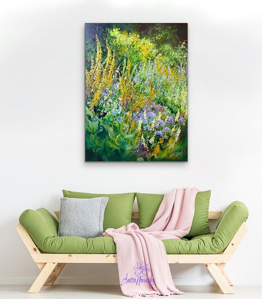 big flower painting  green & yellow garden border by anita nowinska