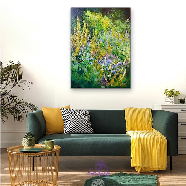 big flower painting  green & yellow garden border by anita nowinska