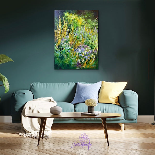 big flower painting  green & yellow garden border by anita nowinska