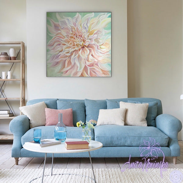 big pale pink, peach & green cafe au lait dahlia flower painting by anita nowinska