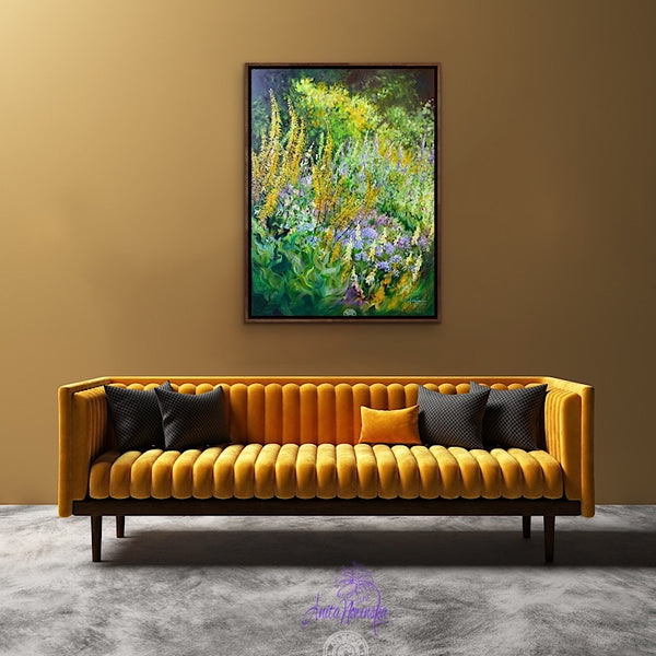 big flower painting  green & yellow garden border by anita nowinska