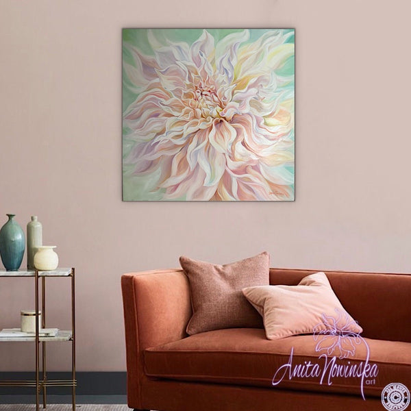 big pale pink, peach & green cafe au lait dahlia flower painting by anita nowinska