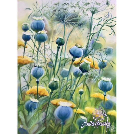 Flower_Painting_of_blue_poppy_heads_in_a_meadow_with_flowers_by_Anita_Nowinska_grande