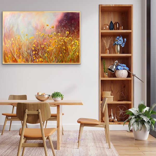 Buttercup wild flower meadow painting on canvas by anita nowinska