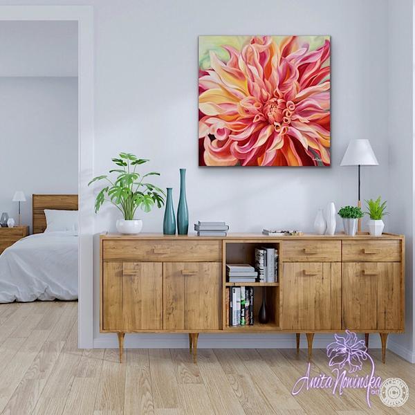 hallway decor with big flowr painting of peach & orange dahlia