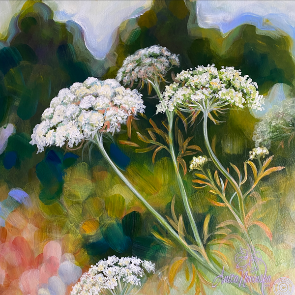 Growth- wild garden painting of cow parsley, queen annes lace, golden achilea in a green garden by Anita Nowinska.JPG