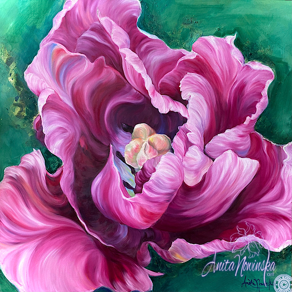 Diva- Pink cerise tulip flower painting on canvas by anita nowinska