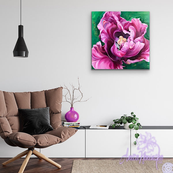Diva- Pink cerise tulip flower painting on canvas by anita nowinska