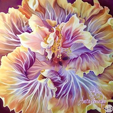 flamboyance- orange & purple hibiscus flower painting by Anita Nowinska