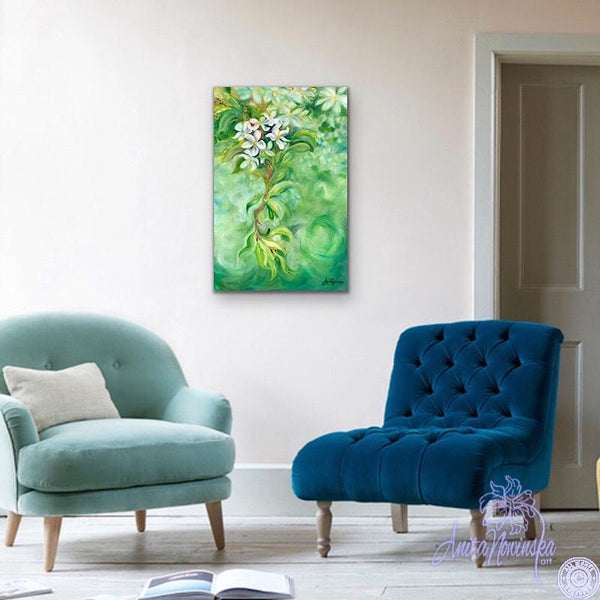 floral painting of white apple blossom on green background in oil on canvas by anita nowinska