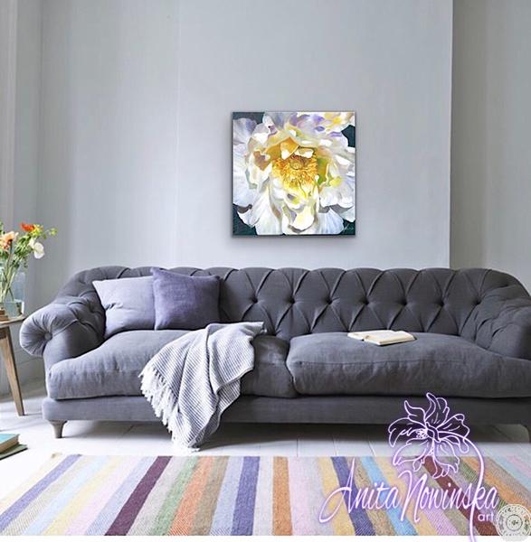 flower painting of white peony in oil on canvas by Anita Nowinska