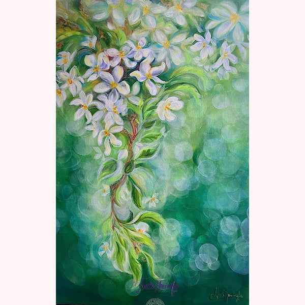 OIL ON CANVAS PAINTING OF WHITE APPLE BLOSSON ON A DAPPLED SPRING GREEN BACKGROUND