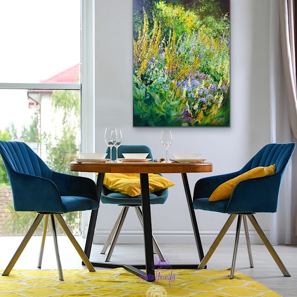 big flower painting  green & yellow garden border by anita nowinska