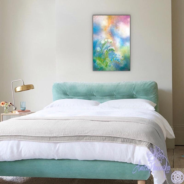 blue, pink & peach flower painting with forget me nots by anita nowinska