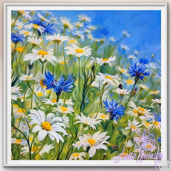 framed print, meadow flower painting with daisies & cornflowers Anita Nowinska