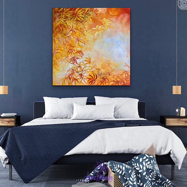 big oil on canvas of acer golden autumn leaves by anita nowinka in dark blue room