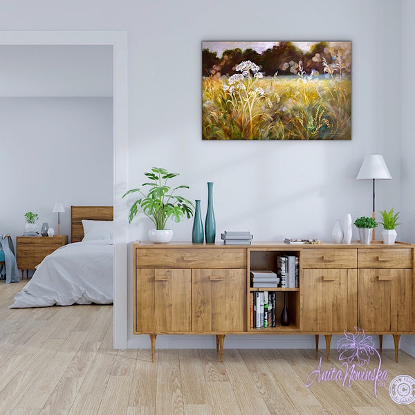 golden sunlit meadow with grasses & cowparsley, meadow painting by Anita Nowinska. Gold, ochre,green