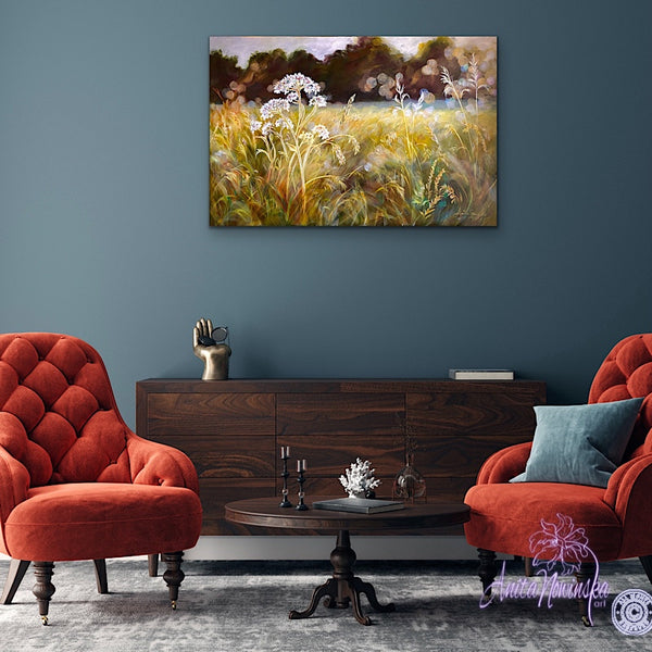 golden sunlit meadow with grasses & cowparsley, meadow painting by Anita Nowinska. Gold, ochre,green